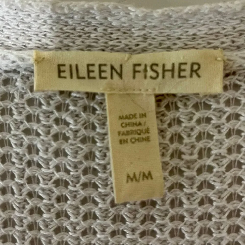 Eileen Fisher Organic Linen Open Knit White Short Sleeve Cardigan Lightweight M